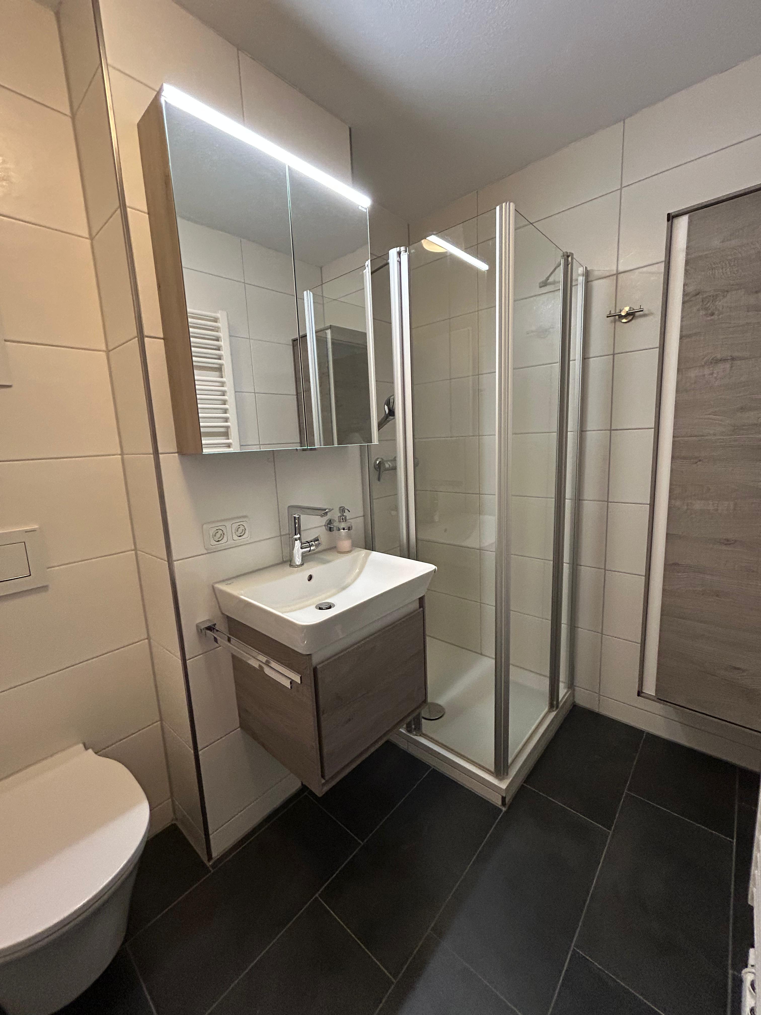 Modernes Badezimmer der Ferienwohnung Sonnenstüble mit Dusche, Waschbecken und WC